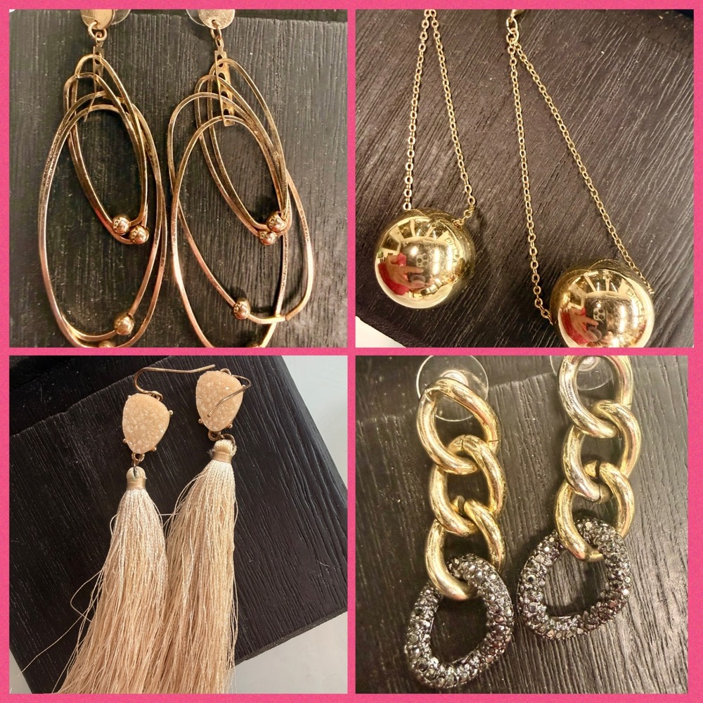 4pc Statement Earrings Gold Tone Rhinestone Tassel Bundle Lot